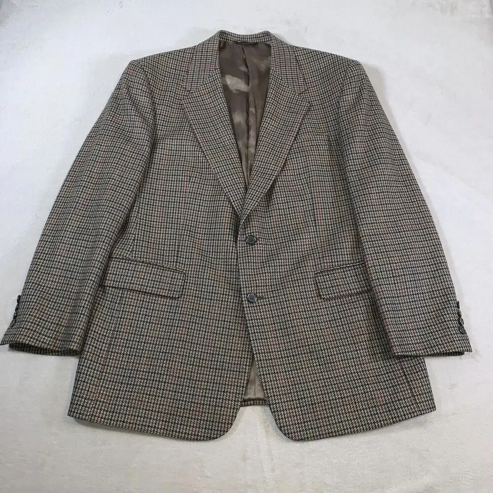 Roundtree & Yorke Mens Wool 2-Button Blazer Jacket Brown Windowpane‎ Plaid • 43L